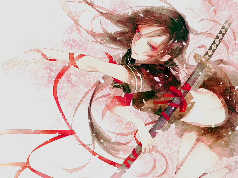 Anime Girl with Sword — Red, Dynamic, Spring, Ribbons