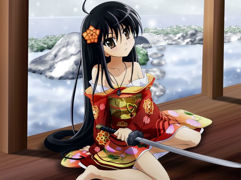 Anime Girl with Sword — Red, Serene, Winter