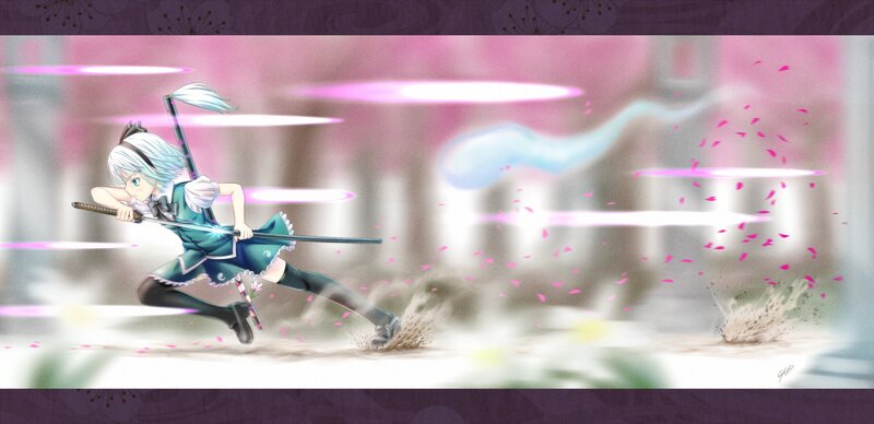 anime girl with sword running