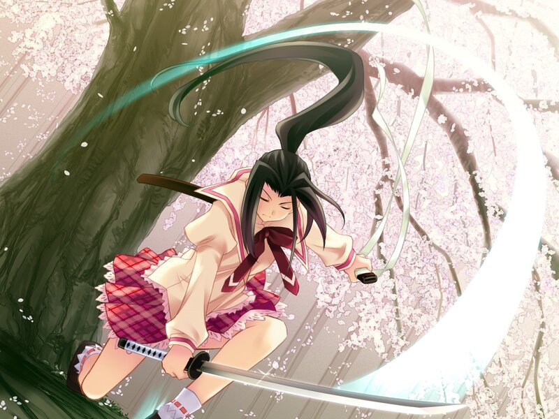 anime girl with sword under cherry blossoms