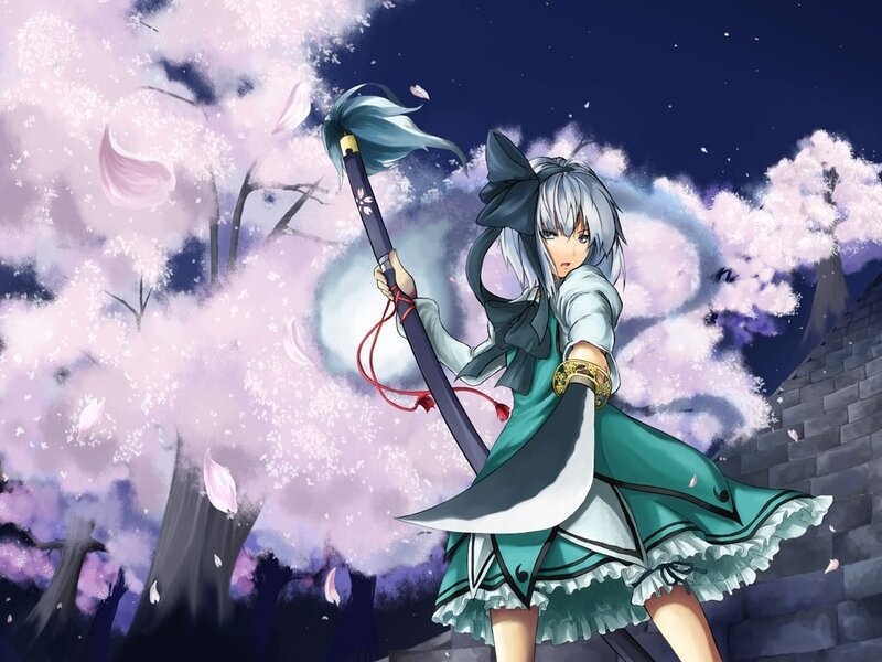 Anime girl with sword under cherry blossoms