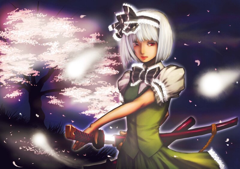 Anime girl with sword under cherry blossoms
