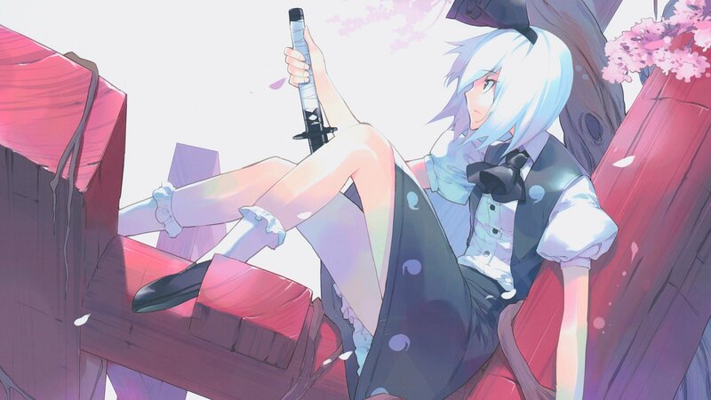 Anime girl with sword under cherry blossoms
