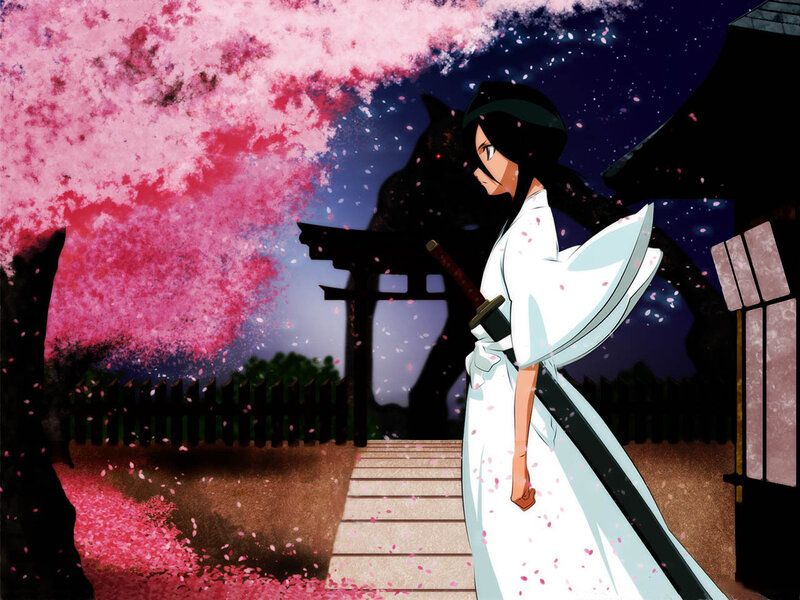 anime girl with sword under cherry blossoms