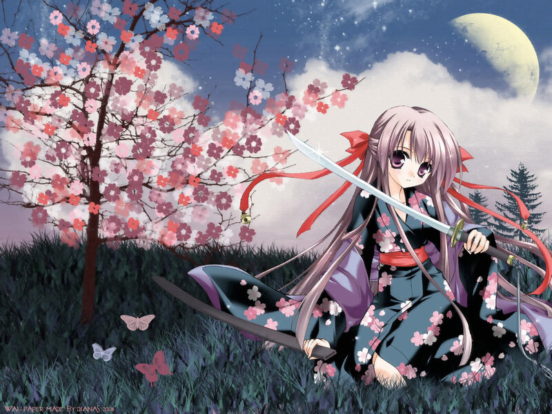 Anime girl with sword under cherry blossoms