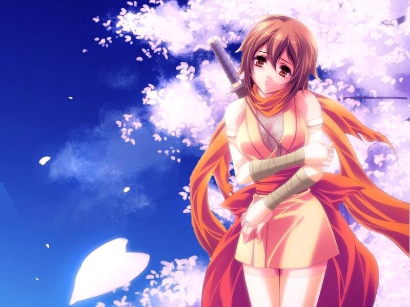 Anime girl with sword under cherry blossoms
