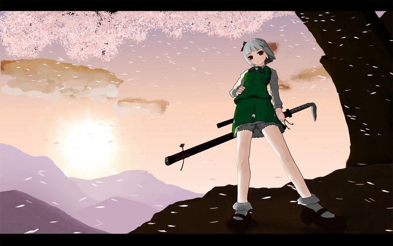 Anime girl with sword under cherry blossoms
