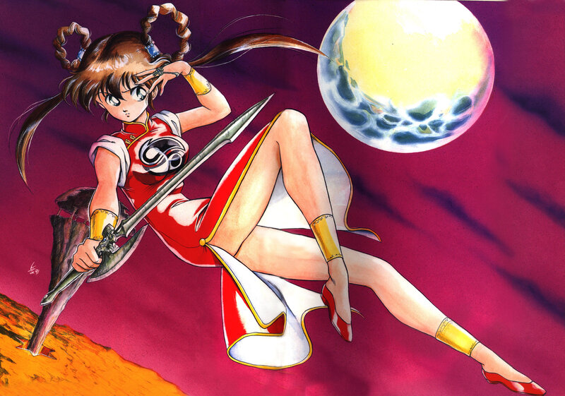 anime girl with sword under moon
