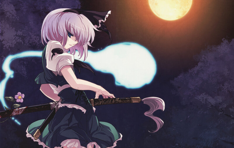 anime girl with sword under moon