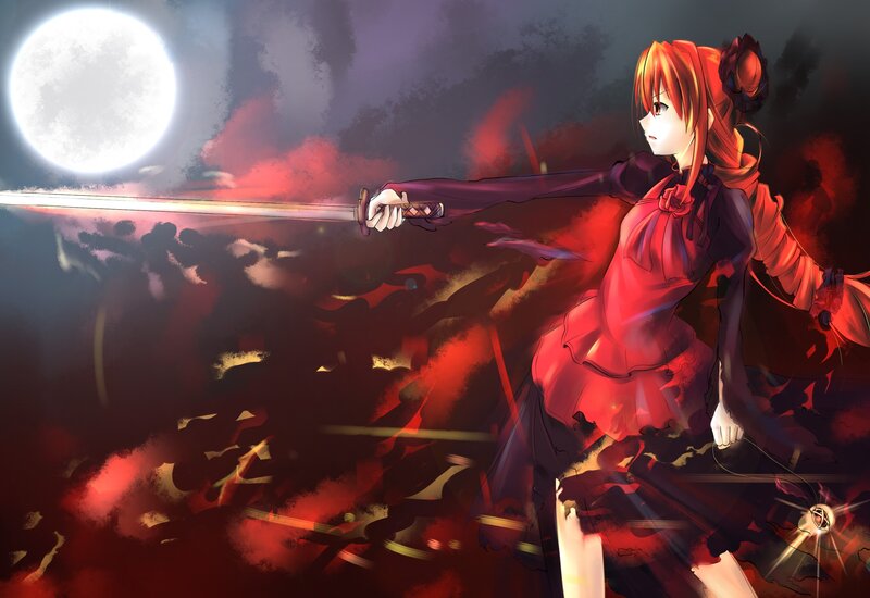 anime girl with sword under moon