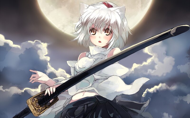 anime girl with sword under moon