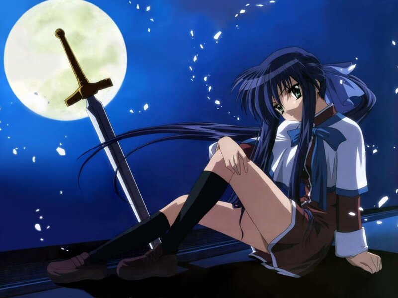 Anime girl with sword under moon
