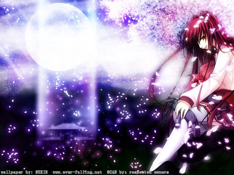 anime girl with sword under moon