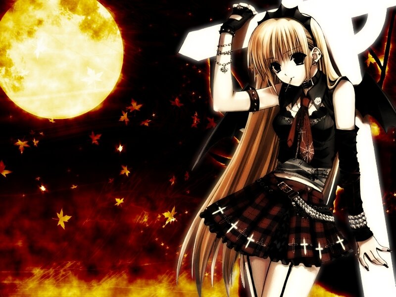 anime girl with sword under moon