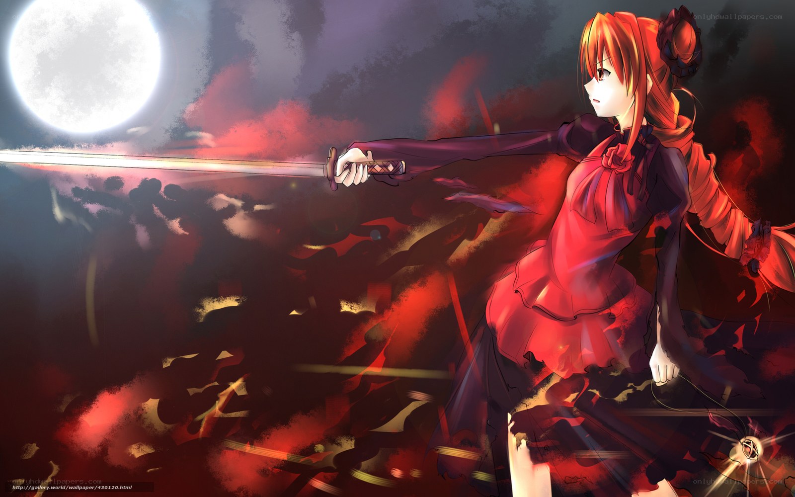 Anime girl with sword under moon
