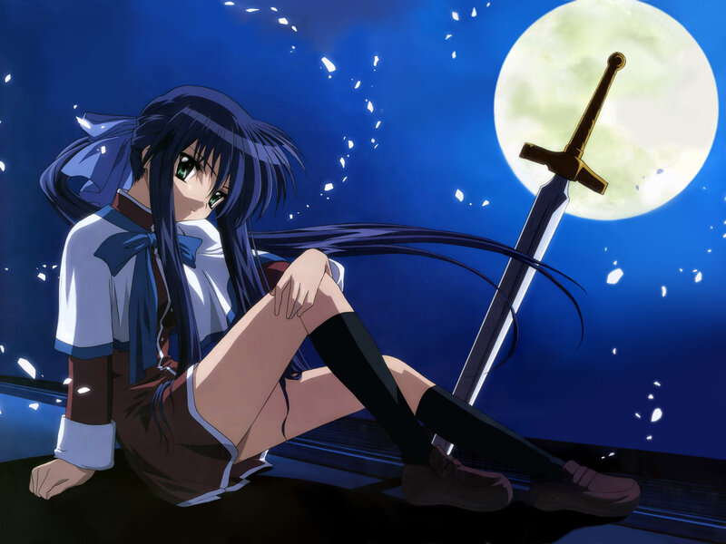 Anime girl with sword under moon