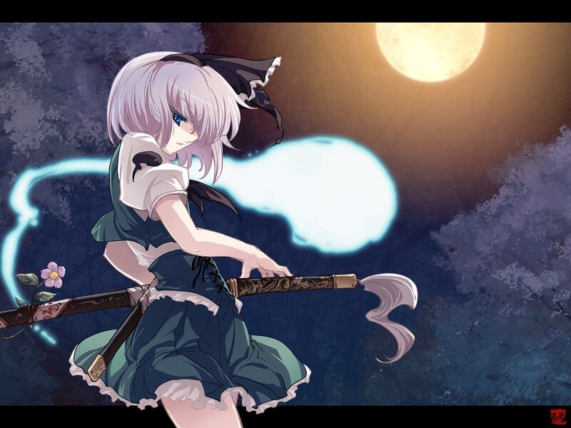 anime girl with sword under moon