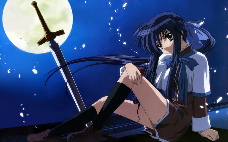 anime girl with sword under moon