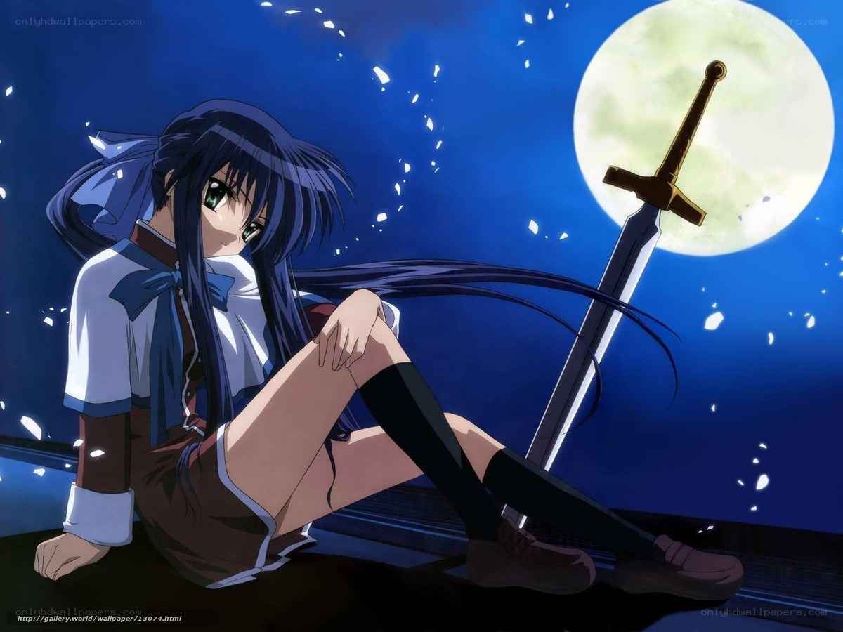 anime girl with sword under moon