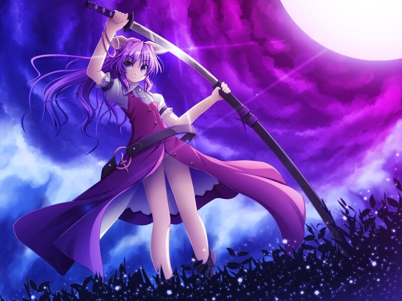 Anime girl with sword under purple moon