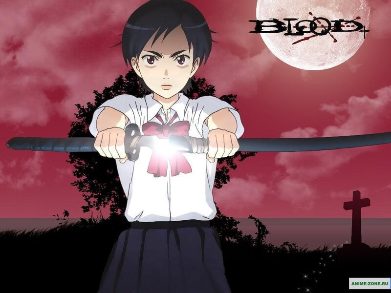 Anime girl with sword under red moon