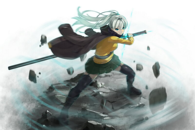 Anime Girl with Sword — White, Action