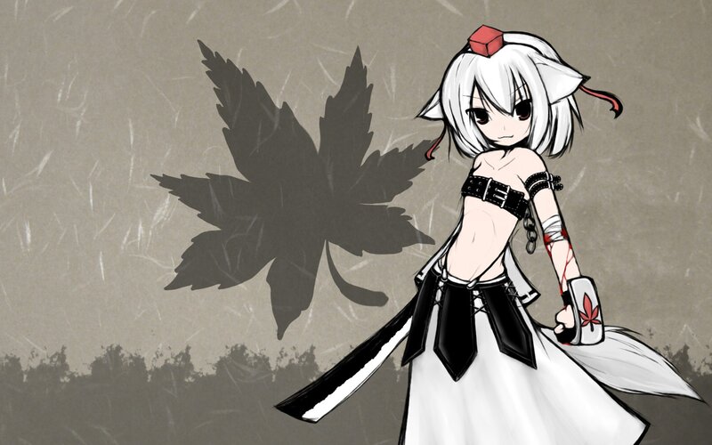 Anime Girl with Sword — White, Calm, Autumn, Maple Leaf
