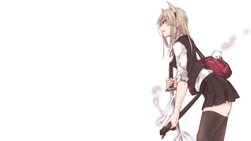 Anime Girl with Sword — White, Calm, Backpack