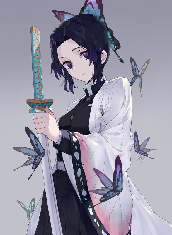 Anime Girl with Sword — White, Calm, Digital Art, Butterflies