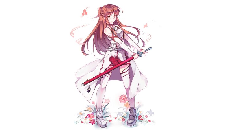 Anime Girl with Sword — White, Calm, Digital Art, Flowers