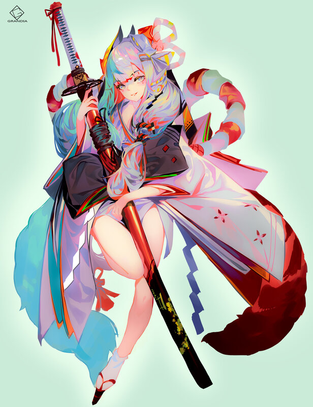 Anime Girl with Sword — White, Calm, Digital Art, Kimono