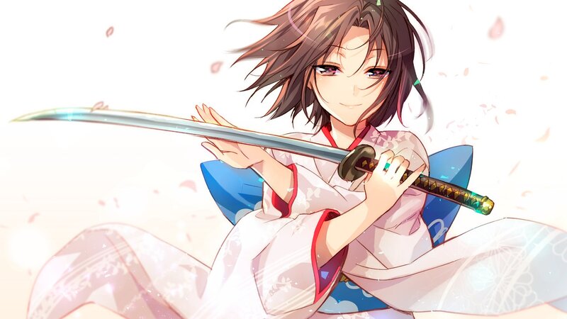 Anime Girl with Sword — White, Calm, Spring, Kimono
