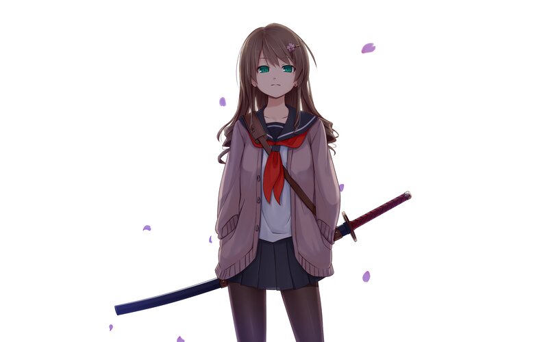 Anime Girl with Sword — White, Calm, Spring, School Uniform