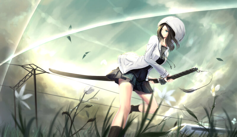 Anime Girl with Sword — White, Dramatic, Afternoon, Digital Art