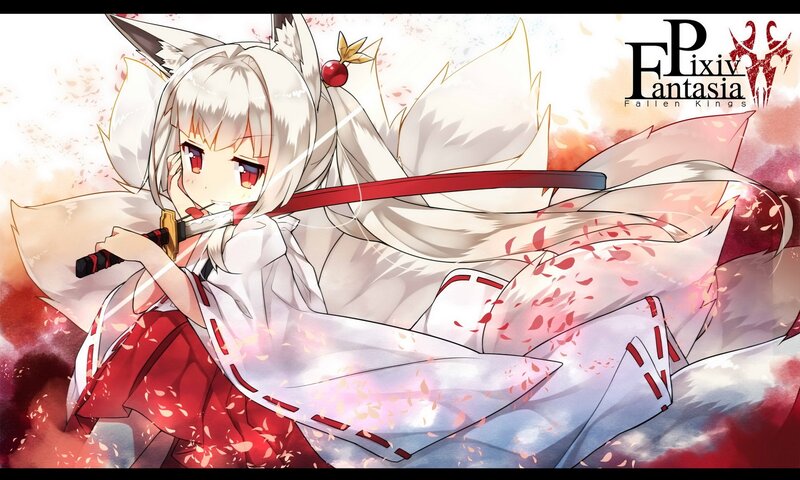Anime Girl with Sword — White, Dramatic, Autumn, Digital Art, Fox Ears, Petals