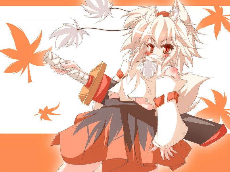Anime Girl with Sword — White, Dramatic, Autumn, Maple Leaves