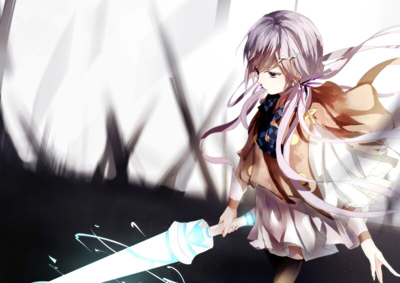 Anime Girl with Sword — White, Dramatic, Digital Art, Cape, Long Hair
