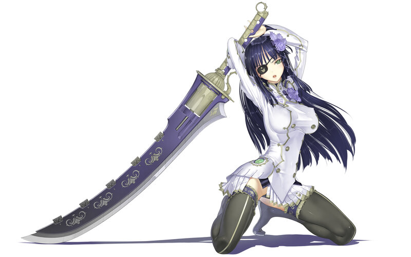 Anime Girl with Sword — White, Dramatic, Digital Art, Eyepatch