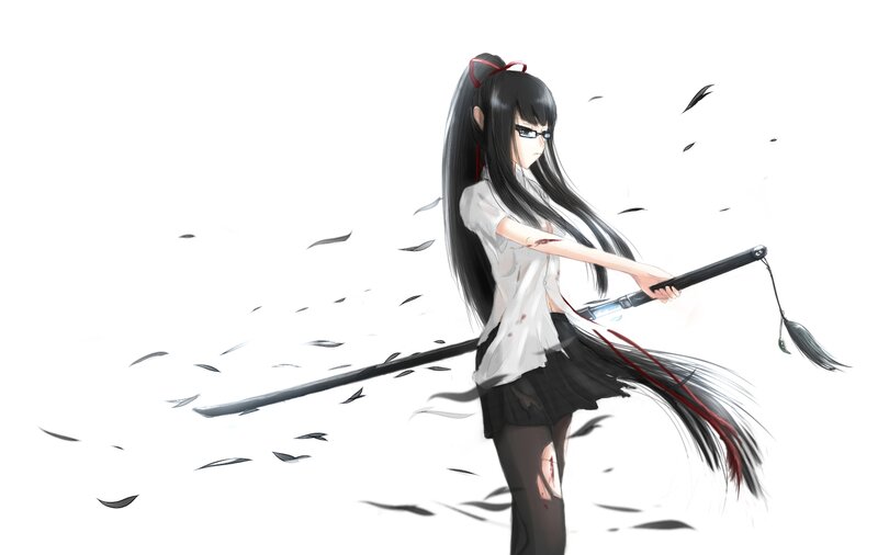Anime Girl with Sword — White, Dramatic, Digital Art, Glasses