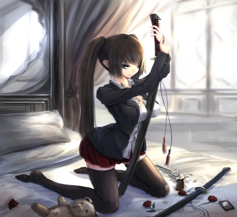Anime Girl with Sword — White, Dramatic, Digital Art, Gun