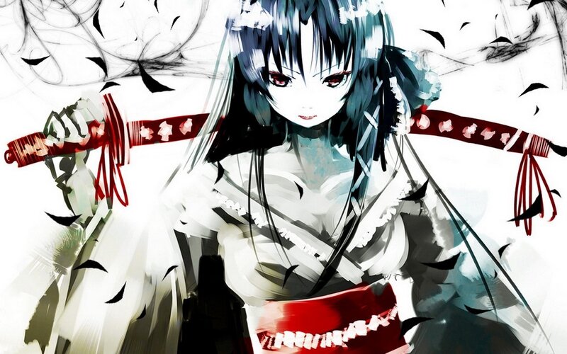Anime Girl with Sword — White, Dramatic, Digital Art, Kami