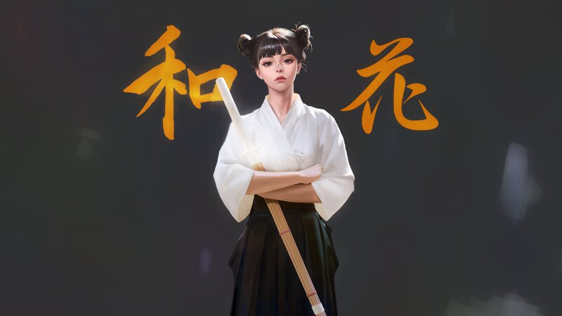Anime Girl with Sword — White, Dramatic, Digital Art, Kimono, Bun Hairstyle