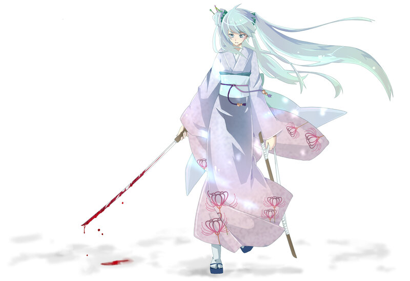 Anime Girl with Sword — White, Dramatic, Digital Art, Kimono