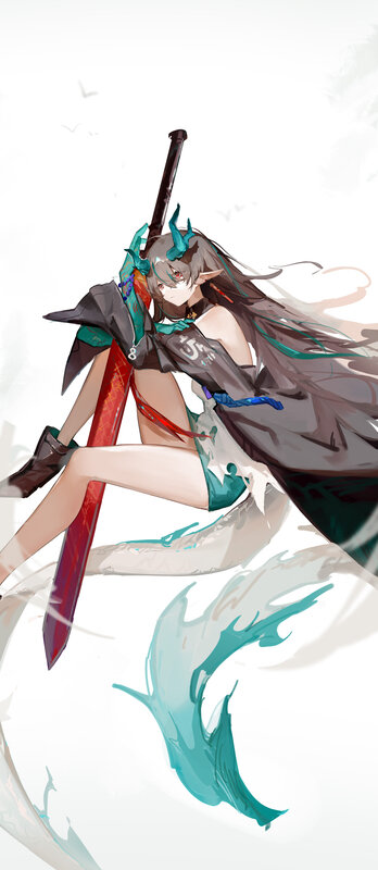 Anime Girl with Sword — White, Dramatic, Digital Art, Long Hair, Dragon Tail