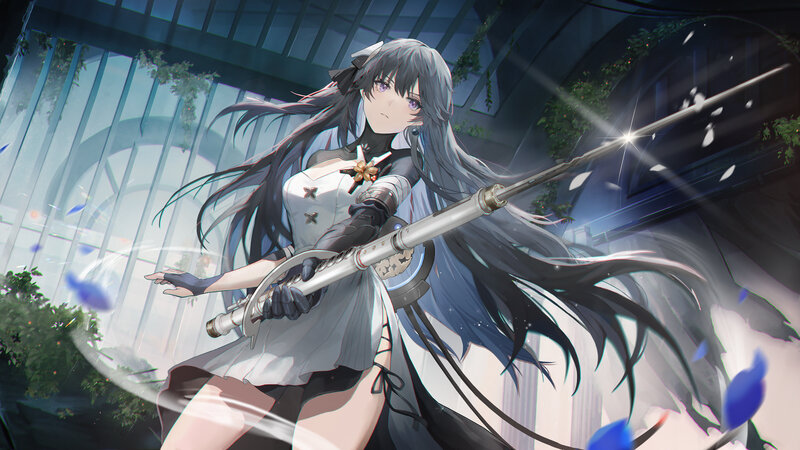 Anime Girl with Sword — White, Dramatic, Digital Art, Long Hair, Greenery