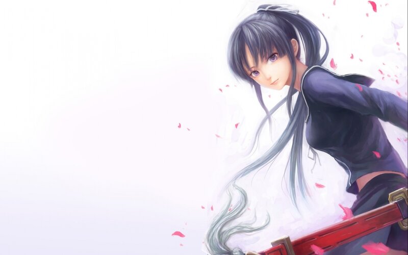 Anime Girl with Sword — White, Dramatic, Digital Art, Petals