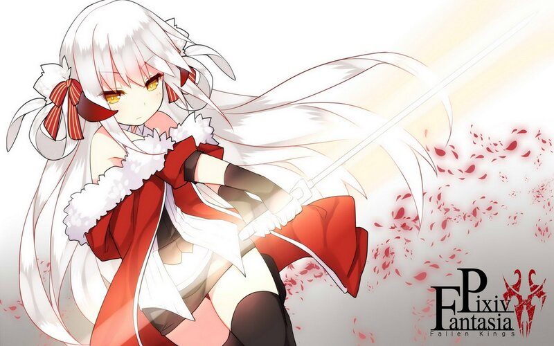 Anime Girl with Sword — White, Dramatic, Digital Art, Red Petals