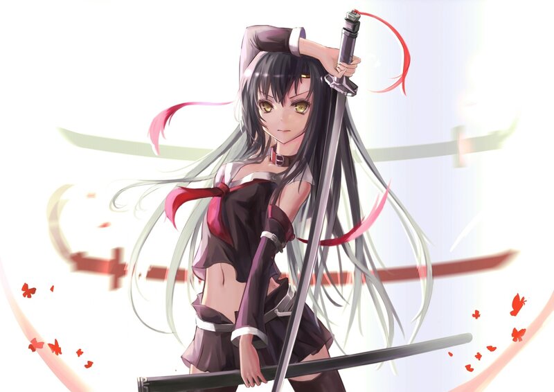 Anime Girl with Sword — White, Dramatic, Digital Art, Red Ribbons