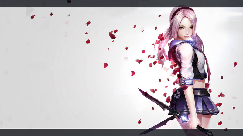 Anime Girl with Sword — White, Dramatic, Digital Art, Rose Petals, Skirt