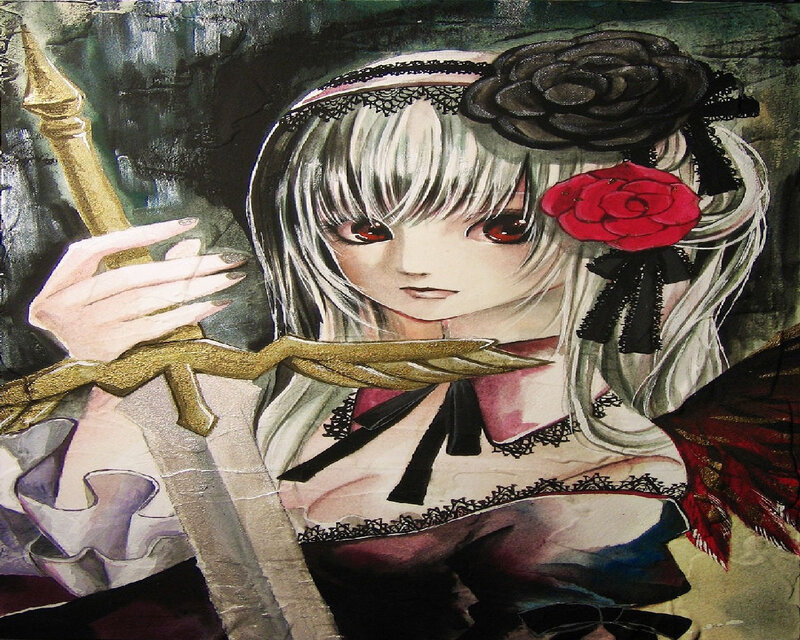 Anime Girl with Sword — White, Dramatic, Digital Art, Rose